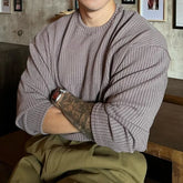 Hearujoy Mens Autumn Winter New Textured Vertical Striped Knitted T-Shirt Gender-Neutral Loose Casual Simple Long-Sleeved Top Unisex